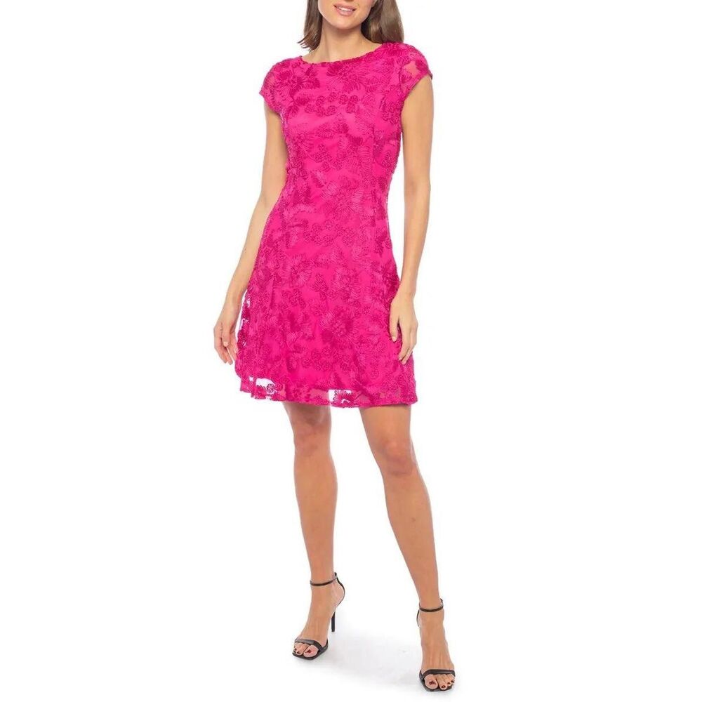 Marina Fuchsia Floral Lace Cap Sleeve A-Line Cocktail Dress Size S